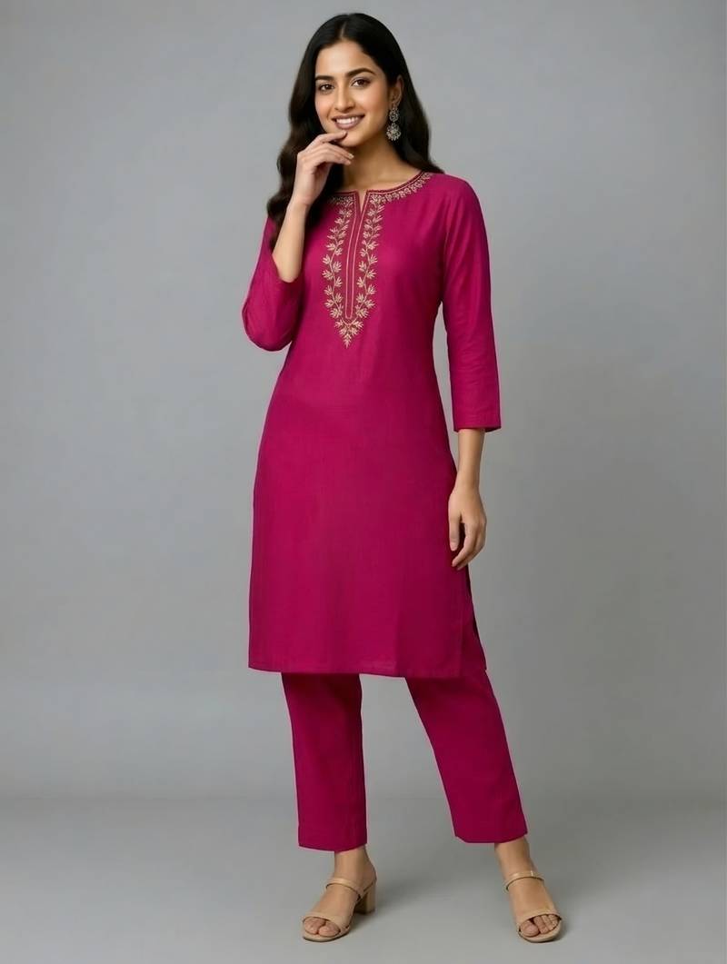 Pink embroidered rayon kurta set