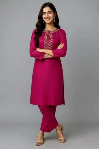 Pink embroidered rayon kurta set