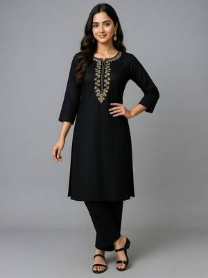 Black embroidered rayon kurta set 1