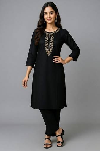 Black embroidered rayon kurta set