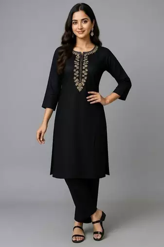 Black embroidered rayon kurta set