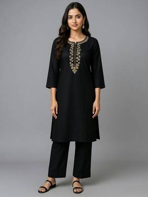 Black embroidered rayon kurta set 2