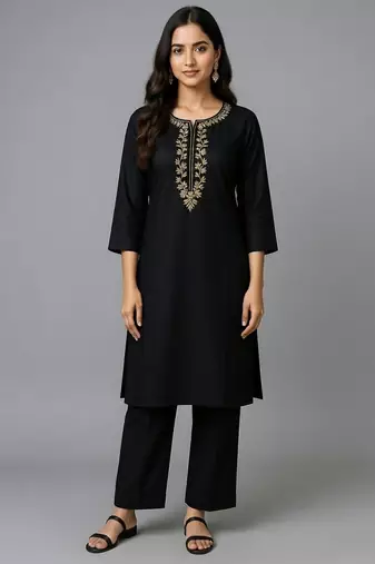 Black embroidered rayon kurta set