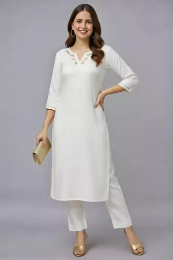 White embroidered rayon kurta set