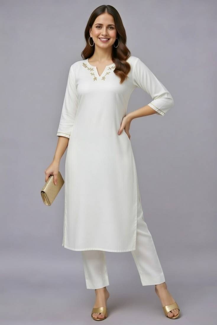 White embroidered rayon kurta set