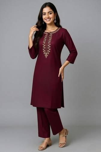 Maroon embroidered rayon kurta set