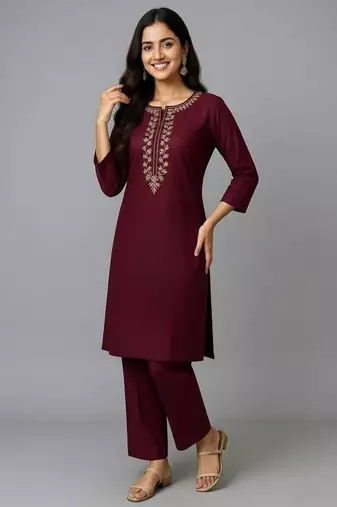 Maroon embroidered rayon kurta set