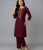 Maroon embroidered rayon kurta set