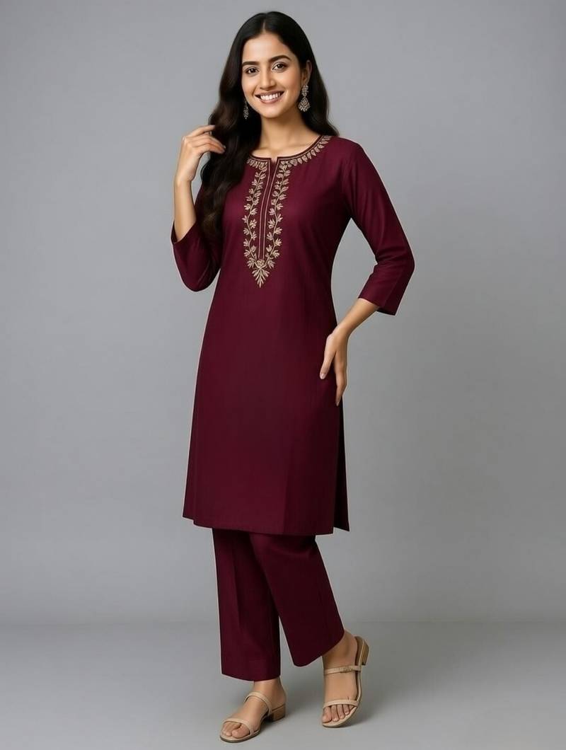 Maroon embroidered rayon kurta set