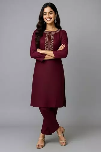 Maroon embroidered rayon kurta set