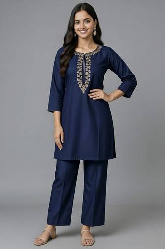 Navy embroidered rayon kurta set