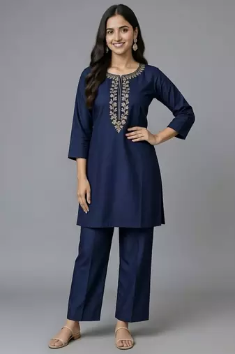 Navy embroidered rayon kurta set
