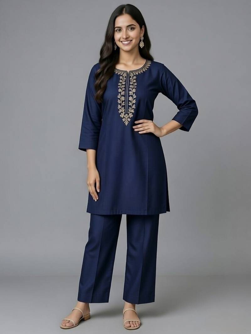 Navy embroidered rayon kurta set