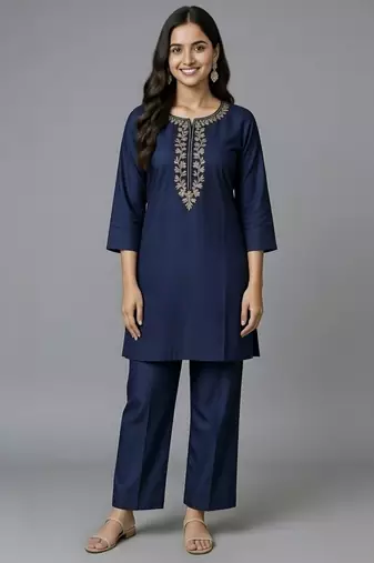 Navy embroidered rayon kurta set