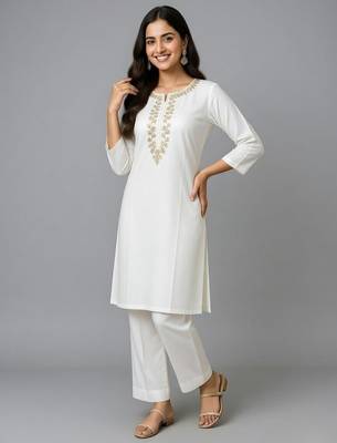 White embroidered rayon kurta set 1