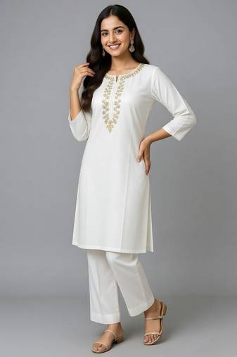 White embroidered rayon kurta set