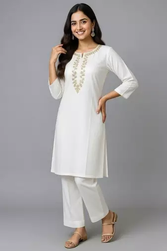 White embroidered rayon kurta set