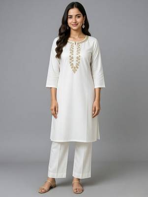 White embroidered rayon kurta set 2