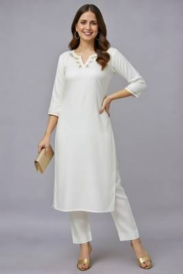 White embroidered rayon kurta set 3