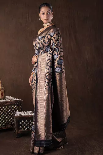 black handloom banarasi silk saree with rich zari work