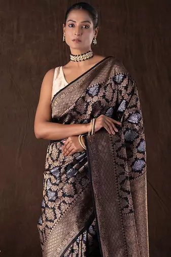 black handloom banarasi silk saree with rich zari work