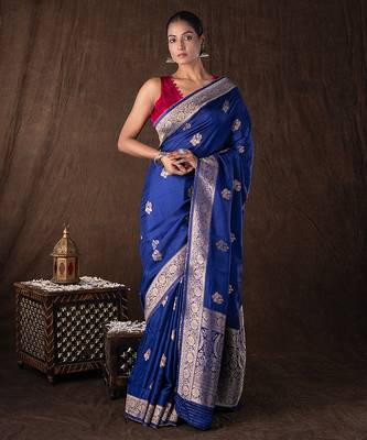 blue handloom banarasi silk saree with zari border 1