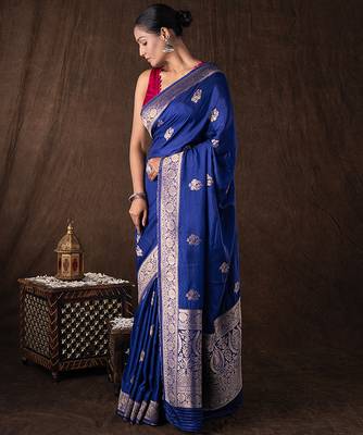 blue handloom banarasi silk saree with zari border 2