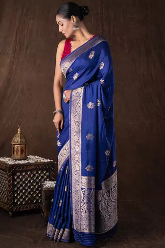 blue handloom banarasi silk saree with zari border