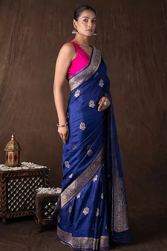 blue handloom banarasi silk saree with zari border