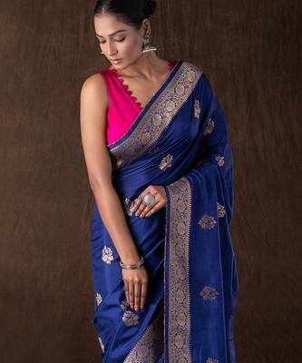blue handloom banarasi silk saree with zari border 4