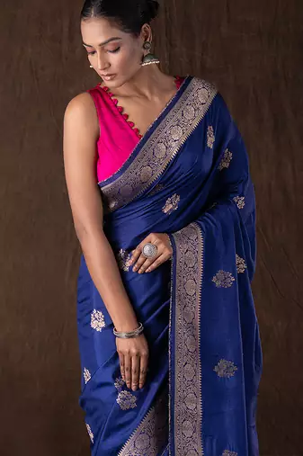 blue handloom banarasi silk saree with zari border