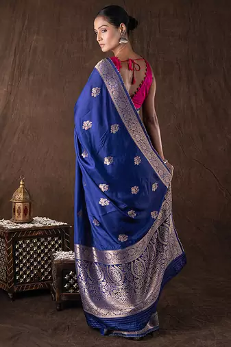 blue handloom banarasi silk saree with zari border