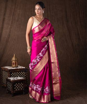 magenta handloom tissue silk saree with zari border 2