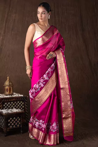 magenta handloom tissue silk saree with zari border