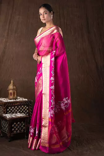 magenta handloom tissue silk saree with zari border