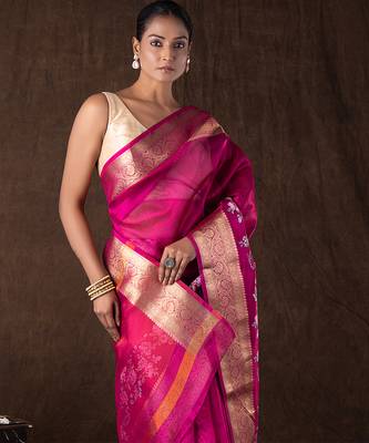 magenta handloom tissue silk saree with zari border 4