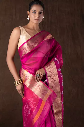 magenta handloom tissue silk saree with zari border