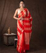 red handloom silk saree with bold stripe weaving