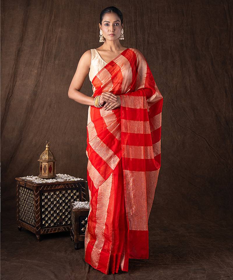Red handloom tissue silk saree
