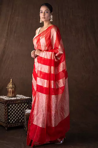 red handloom silk saree with bold stripe weaving