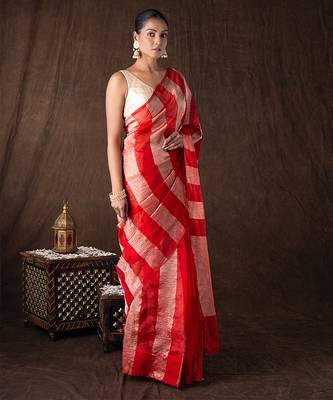 red handloom silk saree with bold stripe weaving 3