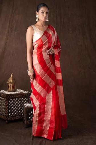 red handloom silk saree with bold stripe weaving
