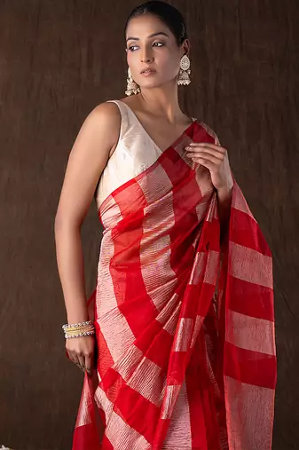 red handloom silk saree with bold stripe weaving
