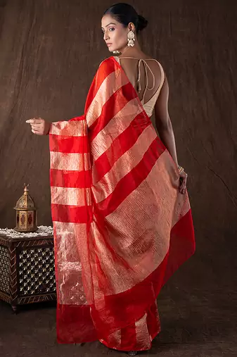 red handloom silk saree with bold stripe weaving