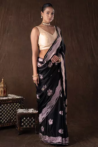 black handloom banarasi silk saree with zari border