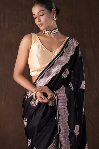 black handloom banarasi silk saree with zari border