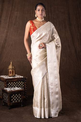 Ivory handloom banarasi silk saree
