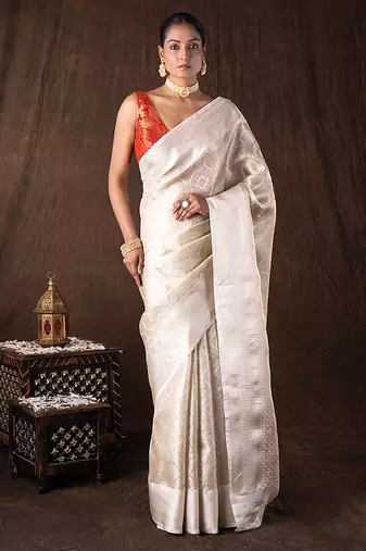 Ivory handloom banarasi silk saree