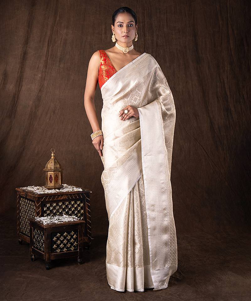 Ivory handloom banarasi silk saree