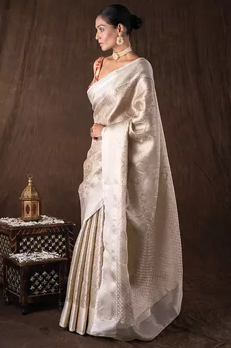 ivory handloom silk saree with subtle woven texture